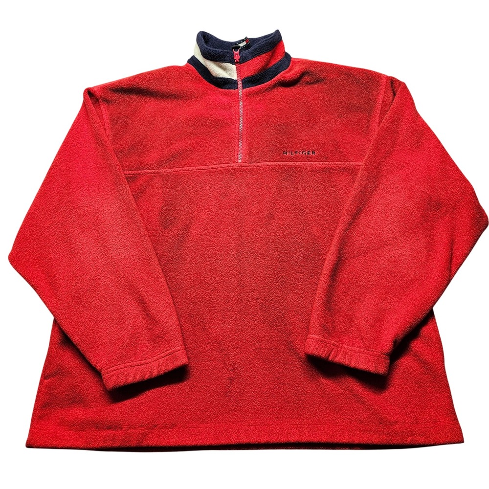 Tommy Hilfiger Quarter Zip Fleece Pullover Mens Large Red Vintage 90s Sporty
